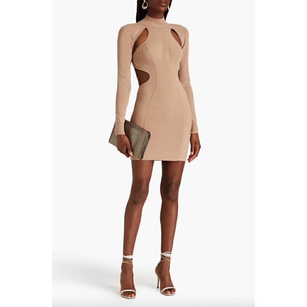 HERVE LEGER Ottoman Cutout Long Sleeve Minidress Fawn Womens Size Large